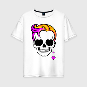 Женская футболка хлопок Oversize с принтом Череп с разноцветными волосами в Екатеринбурге, 100% хлопок | свободный крой, круглый ворот, спущенный рукав, длина до линии бедер
 | 