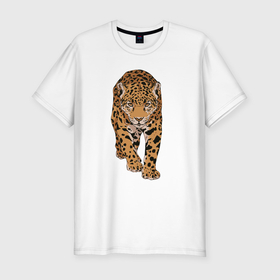 Мужская футболка хлопок Slim с принтом Леопард дикая кошка в Петрозаводске, 92% хлопок, 8% лайкра | приталенный силуэт, круглый вырез ворота, длина до линии бедра, короткий рукав | Тематика изображения на принте: 
