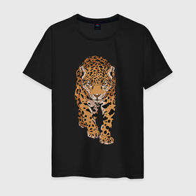 Мужская футболка хлопок с принтом Леопард дикая кошка в Курске, 100% хлопок | прямой крой, круглый вырез горловины, длина до линии бедер, слегка спущенное плечо. | Тематика изображения на принте: 