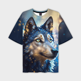 Мужская футболка oversize 3D с принтом Волк на синем фоне в Санкт-Петербурге,  |  | Тематика изображения на принте: 