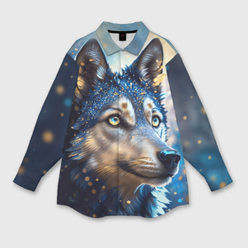 Мужская рубашка oversize 3D с принтом Волк на синем фоне ,  |  | 