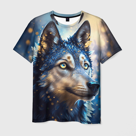Мужская футболка 3D с принтом Волк на синем фоне в Санкт-Петербурге, 100% полиэфир | прямой крой, круглый вырез горловины, длина до линии бедер | Тематика изображения на принте: 