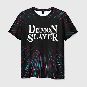 Мужская футболка 3D с принтом Demon Slayer infinity , 100% полиэфир | прямой крой, круглый вырез горловины, длина до линии бедер | 