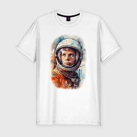 Мужская футболка хлопок Slim с принтом Первый в космосе   Гагарин , 92% хлопок, 8% лайкра | приталенный силуэт, круглый вырез ворота, длина до линии бедра, короткий рукав | 