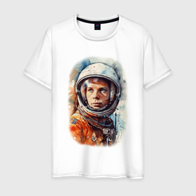 Мужская футболка хлопок с принтом Первый в космосе   Гагарин в Курске, 100% хлопок | прямой крой, круглый вырез горловины, длина до линии бедер, слегка спущенное плечо. | 