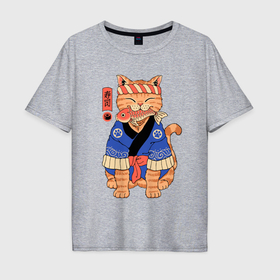 Мужская футболка хлопок Oversize с принтом Кот с рыбой в японском стиле в Санкт-Петербурге, 100% хлопок | свободный крой, круглый ворот, “спинка” длиннее передней части | 