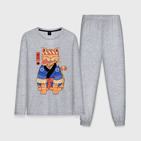 Мужская пижама с лонгсливом хлопок с принтом Кот с рыбой в японском стиле ,  |  | Тематика изображения на принте: 