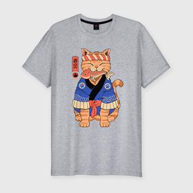 Мужская футболка хлопок Slim с принтом Кот с рыбой в японском стиле в Новосибирске, 92% хлопок, 8% лайкра | приталенный силуэт, круглый вырез ворота, длина до линии бедра, короткий рукав | 