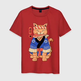 Мужская футболка хлопок с принтом Кот с рыбой в японском стиле в Курске, 100% хлопок | прямой крой, круглый вырез горловины, длина до линии бедер, слегка спущенное плечо. | 
