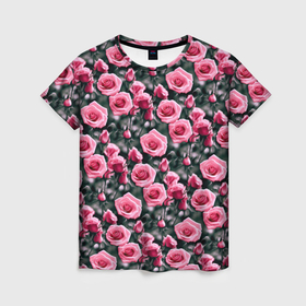 Женская футболка 3D с принтом Кусты розовых роз на сером фоне , 100% полиэфир ( синтетическое хлопкоподобное полотно) | прямой крой, круглый вырез горловины, длина до линии бедер | 
