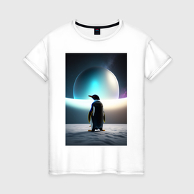 Женская футболка хлопок с принтом Пингвин в космосе в Екатеринбурге, 100% хлопок | прямой крой, круглый вырез горловины, длина до линии бедер, слегка спущенное плечо | 