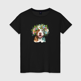 Женская футболка хлопок с принтом Питбуль в венке из цветов в Белгороде, 100% хлопок | прямой крой, круглый вырез горловины, длина до линии бедер, слегка спущенное плечо | 
