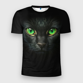 Мужская футболка 3D Slim с принтом Морда кота с зелеными глазами в Екатеринбурге, 100% полиэстер с улучшенными характеристиками | приталенный силуэт, круглая горловина, широкие плечи, сужается к линии бедра | 
