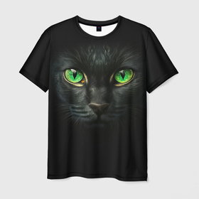 Мужская футболка 3D с принтом Морда кота  с зелеными глазами , 100% полиэфир | прямой крой, круглый вырез горловины, длина до линии бедер | 