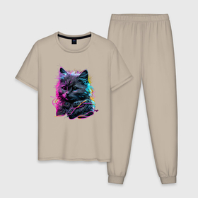 Мужская пижама хлопок с принтом Пушистый котик в ярком неоновом свете в Петрозаводске, 100% хлопок | брюки и футболка прямого кроя, без карманов, на брюках мягкая резинка на поясе и по низу штанин
 | 