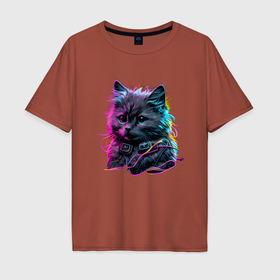 Мужская футболка хлопок Oversize с принтом Пушистый котик в ярком неоновом свете в Тюмени, 100% хлопок | свободный крой, круглый ворот, “спинка” длиннее передней части | Тематика изображения на принте: 