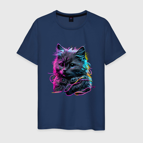 Мужская футболка хлопок с принтом Пушистый котик в ярком неоновом свете в Белгороде, 100% хлопок | прямой крой, круглый вырез горловины, длина до линии бедер, слегка спущенное плечо. | 