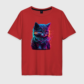 Мужская футболка хлопок Oversize с принтом Красочный кот в свете неона в Курске, 100% хлопок | свободный крой, круглый ворот, “спинка” длиннее передней части | 