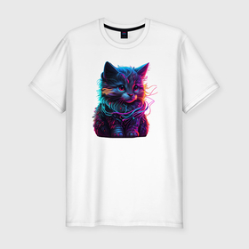 Мужская футболка хлопок Slim с принтом Красочный кот в свете неона в Петрозаводске, 92% хлопок, 8% лайкра | приталенный силуэт, круглый вырез ворота, длина до линии бедра, короткий рукав | 