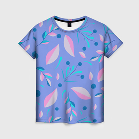 Женская футболка 3D с принтом Веточки с листьями и ягодки в Тюмени, 100% полиэфир ( синтетическое хлопкоподобное полотно) | прямой крой, круглый вырез горловины, длина до линии бедер | 
