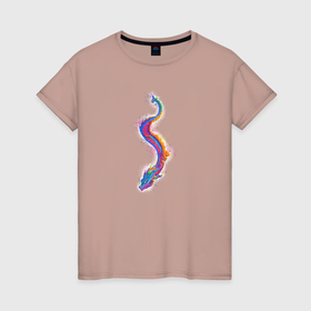 Женская футболка хлопок с принтом Разноцветный дракон в Екатеринбурге, 100% хлопок | прямой крой, круглый вырез горловины, длина до линии бедер, слегка спущенное плечо | 