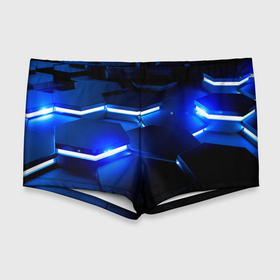 Мужские купальные плавки 3D с принтом Металлические соты с синей подсветкой в Петрозаводске, Полиэстер 85%, Спандекс 15% |  | Тематика изображения на принте: 