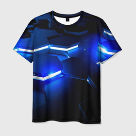 Мужская футболка 3D с принтом Металлические соты с синей подсветкой , 100% полиэфир | прямой крой, круглый вырез горловины, длина до линии бедер | 