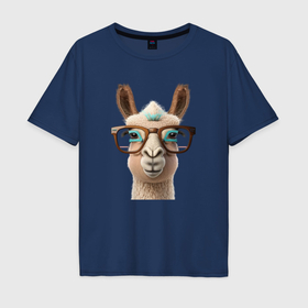 Мужская футболка хлопок Oversize с принтом Умная лама в очках в Екатеринбурге, 100% хлопок | свободный крой, круглый ворот, “спинка” длиннее передней части | 