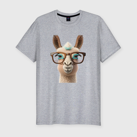 Мужская футболка хлопок Slim с принтом Умная лама в очках в Санкт-Петербурге, 92% хлопок, 8% лайкра | приталенный силуэт, круглый вырез ворота, длина до линии бедра, короткий рукав | 