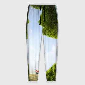 Мужские брюки 3D с принтом Зелень, небо и флаг в Белгороде, 100% полиэстер | манжеты по низу, эластичный пояс регулируется шнурком, по бокам два кармана без застежек, внутренняя часть кармана из мелкой сетки | 