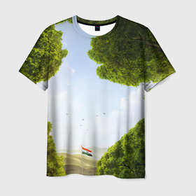 Мужская футболка 3D с принтом Зелень, небо и флаг в Белгороде, 100% полиэфир | прямой крой, круглый вырез горловины, длина до линии бедер | Тематика изображения на принте: 