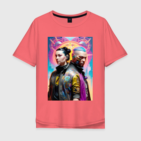 Мужская футболка хлопок Oversize с принтом Girl with a guy   cyberpunk в Петрозаводске, 100% хлопок | свободный крой, круглый ворот, “спинка” длиннее передней части | 