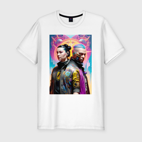 Мужская футболка хлопок Slim с принтом Girl with a guy   cyberpunk в Курске, 92% хлопок, 8% лайкра | приталенный силуэт, круглый вырез ворота, длина до линии бедра, короткий рукав | 