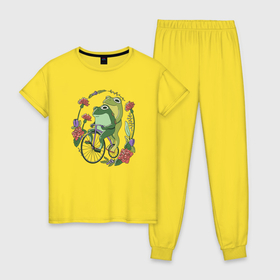 Женская пижама хлопок с принтом Лягушки на велосипеде в Кировске, 100% хлопок | брюки и футболка прямого кроя, без карманов, на брюках мягкая резинка на поясе и по низу штанин | 
