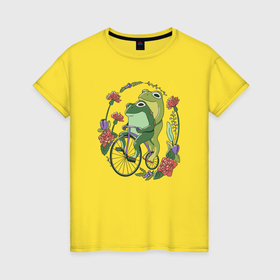 Женская футболка хлопок с принтом Лягушки на велосипеде в Белгороде, 100% хлопок | прямой крой, круглый вырез горловины, длина до линии бедер, слегка спущенное плечо | 