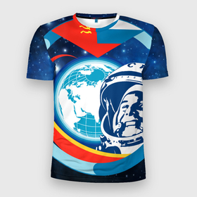 Мужская футболка 3D Slim с принтом Первый космонавт Юрий Гагарин , 100% полиэстер с улучшенными характеристиками | приталенный силуэт, круглая горловина, широкие плечи, сужается к линии бедра | Тематика изображения на принте: 