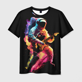 Мужская футболка 3D с принтом Космонавт с гитарой в радужных огнях , 100% полиэфир | прямой крой, круглый вырез горловины, длина до линии бедер | 