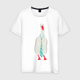 Мужская футболка хлопок с принтом Гусь в галстуке в Петрозаводске, 100% хлопок | прямой крой, круглый вырез горловины, длина до линии бедер, слегка спущенное плечо. | 