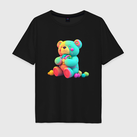 Мужская футболка хлопок Oversize с принтом Медвежонок  в ярких красках в Санкт-Петербурге, 100% хлопок | свободный крой, круглый ворот, “спинка” длиннее передней части | 