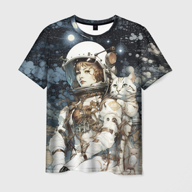 Мужская футболка 3D с принтом Девушка космонавт с белым котом в Курске, 100% полиэфир | прямой крой, круглый вырез горловины, длина до линии бедер | 