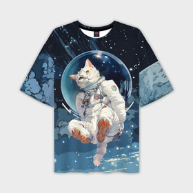 Мужская футболка oversize 3D с принтом Белый кот космонавт в невесомости в Новосибирске,  |  | Тематика изображения на принте: 