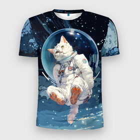Мужская футболка 3D Slim с принтом Белый кот космонавт в невесомости в Новосибирске, 100% полиэстер с улучшенными характеристиками | приталенный силуэт, круглая горловина, широкие плечи, сужается к линии бедра | Тематика изображения на принте: 