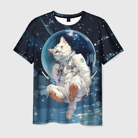 Мужская футболка 3D с принтом Белый кот космонавт в невесомости в Новосибирске, 100% полиэфир | прямой крой, круглый вырез горловины, длина до линии бедер | Тематика изображения на принте: 
