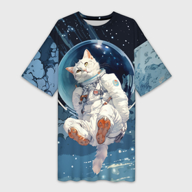 Платье-футболка 3D с принтом Белый кот космонавт в невесомости в Новосибирске,  |  | Тематика изображения на принте: 