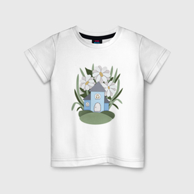 Детская футболка хлопок с принтом Домик и ромашки в стиле Papercut в Петрозаводске, 100% хлопок | круглый вырез горловины, полуприлегающий силуэт, длина до линии бедер | 