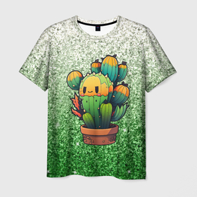Мужская футболка 3D с принтом Милый кактус  в горшке в Петрозаводске, 100% полиэфир | прямой крой, круглый вырез горловины, длина до линии бедер | 