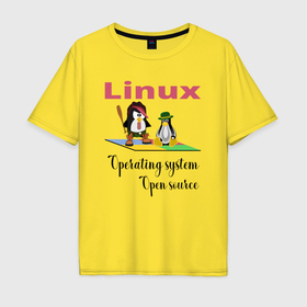 Мужская футболка хлопок Oversize с принтом Линукс пингвин система , 100% хлопок | свободный крой, круглый ворот, “спинка” длиннее передней части | 