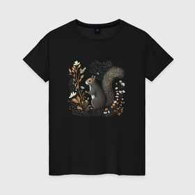 Женская футболка хлопок с принтом Белочка и природа в Курске, 100% хлопок | прямой крой, круглый вырез горловины, длина до линии бедер, слегка спущенное плечо | 