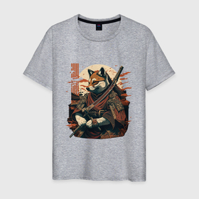 Мужская футболка хлопок с принтом Самурай сиба в стиле японских фресок в Кировске, 100% хлопок | прямой крой, круглый вырез горловины, длина до линии бедер, слегка спущенное плечо. | 
