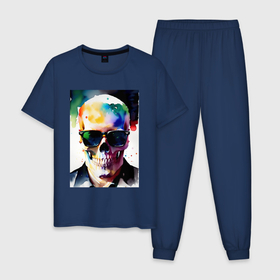 Мужская пижама хлопок с принтом Акварельный череп в очках в Курске, 100% хлопок | брюки и футболка прямого кроя, без карманов, на брюках мягкая резинка на поясе и по низу штанин
 | 